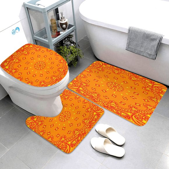 Classic Paisley Bandana, Orange, Red and Yellow Bath Mat Set 3 Piece Non Slip Rug Toilet Lid Cover Bathroom Decorations