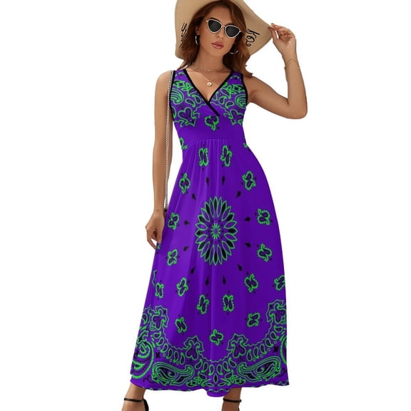 Classic Paisley Bandana, Purple And Green Dress Fashion Boho Beach Long Dresses Female Party Printed Maxi Dress
