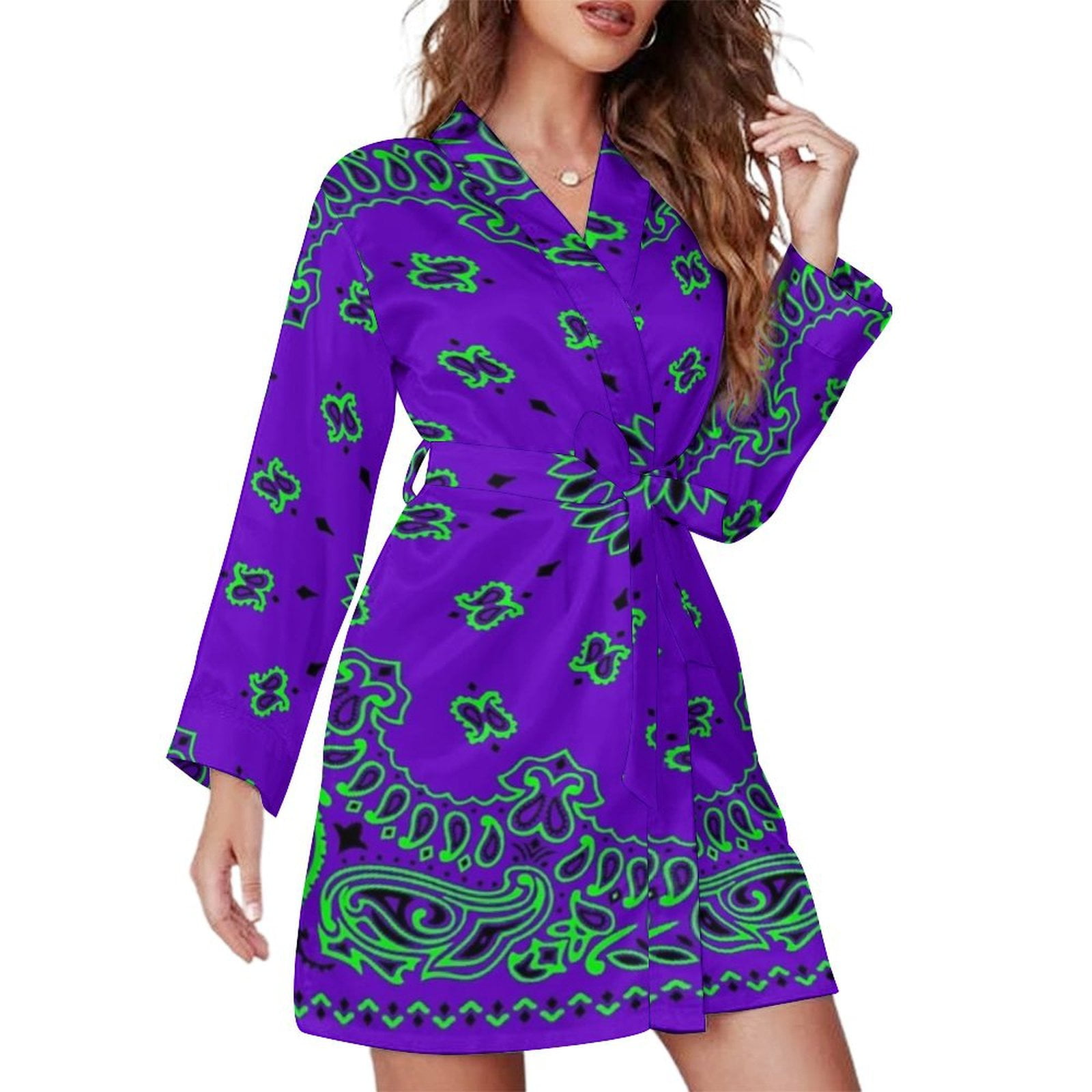 Classic Paisley Bandana, Purple And Green Night Robe Long Sleeve V Neck ...