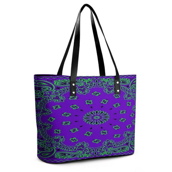 Classic Paisley Bandana, Purple And Green Woman Leather Handbags Large Tote Bag Fashion Portable Handbags With Zipper