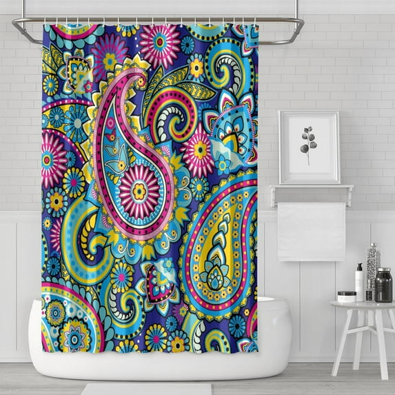 Classic Paisley Bohemian Curtain 72x72 Inches, Quick-Dry Polyester with Hooks, Vintage Colorful Floral Pattern for Bathroom Decor