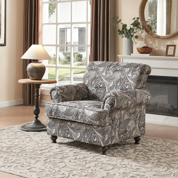 Classic Paisley Flora Chenille Accent Rolled Arm Chair with Thick Chusion for Living Room Club Chairs