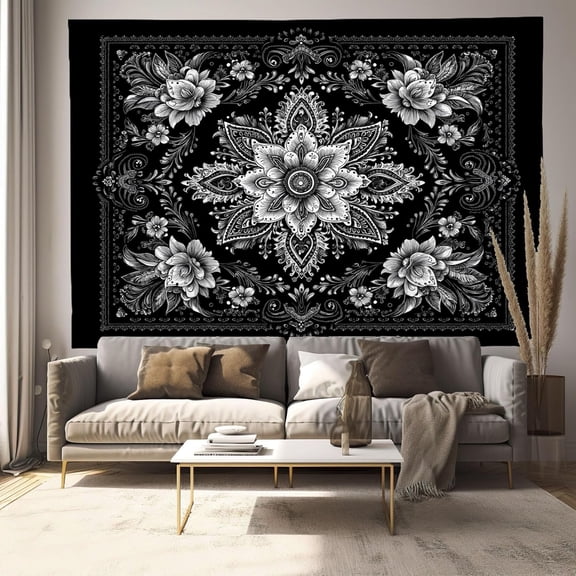 Classic Paisley Flowers Tapestry, Vintage Mandala Wall Backdrop, Nature Tapestries Wall Hanging Art Mural For Living Room Bedroom Decor, Black And White 40 X 30 Inches