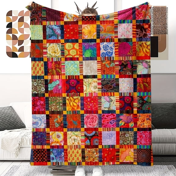 Classic Patchwork Quilted Throw – Made of Soft Flannel Fleece, Perfect for All Seasons, Suitable for Office, Outdoor, And Travel Use, Machine Washable, Features Digital Print Polyester