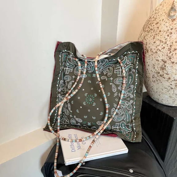 Classic Patterned Woven Square Scarf Shoulder Bag - Spacious Retro Tote for Ladies