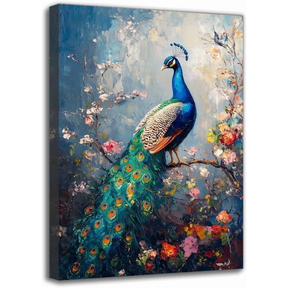 Classic Peacock on Branches Canvas Wall Art Print - Modern Room Art Painting, Wall Decor for Living Room Bedroom Home Office Spring/Summer Wall Hanging (8W X 12L)