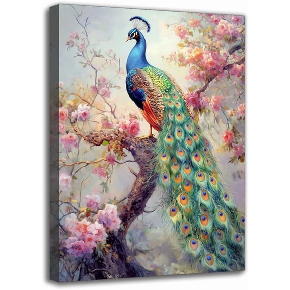Classic Peacock on Branches Canvas Wall Art Print - Modern Room Art Painting, Wall Decor for Living Room Bedroom Home Office Spring/Summer Wall Hanging Seasonal Decoration for Festival (8W" X 12L")