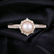 SHREENATHJEWELRY Classic Pearl Engagement Ring Diamond Halo Women Matching Ring Art Deco 14KSolid Gold Jewelry Bridesmaid Gift For Her Dainty Minimalist Ring