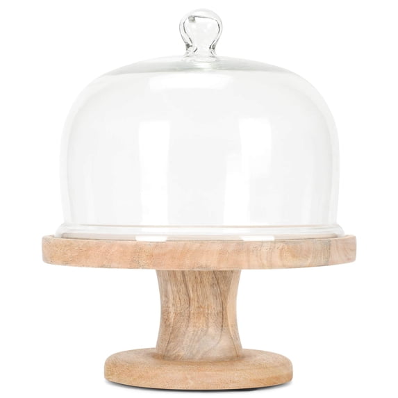 Classic Pedestal Natural Brown 12 x 10 Wood Base and Glass Cover Cake Stand