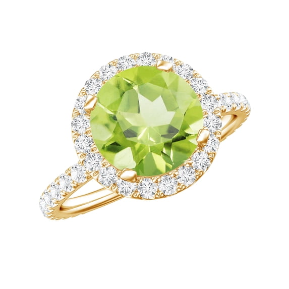 Rosec Jewels Natural Peridot Engagement Ring with Diamond Halo - Real 2 Carat Peridot Ring for Women (AAA Quality), 18K Yellow Gold, US 9.50