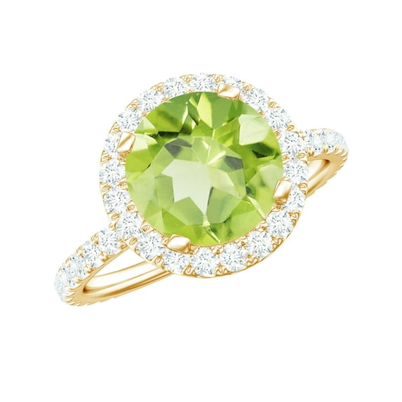 Rosec Jewels Natural Peridot Engagement Ring with Moissanite Halo - Real Peridot Ring for Women (8 mm - 2 Carat - AAA Quality), 18K Yellow Gold, US 9.50