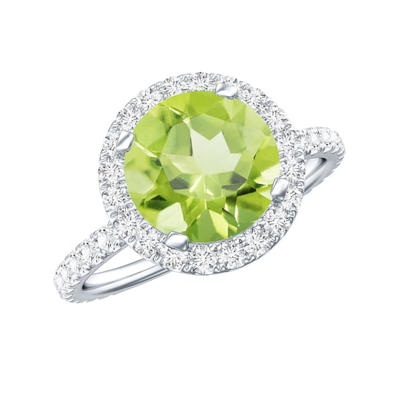 Rosec Jewels Natural Peridot Engagement Ring with Diamond Halo - 2 Carat - Real Peridot Ring for Women (AAA Quality), 925 Sterling Silver, US 6.00