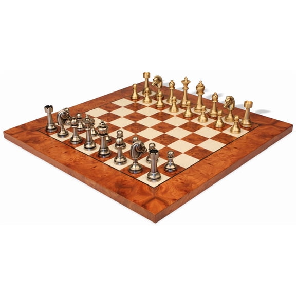 Classic Persian Staunton Solid Brass Chess Set with Elm Burl Chess Board