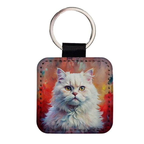 Classic Persian White Cat Abstract Art Faux Leather Square Keychain