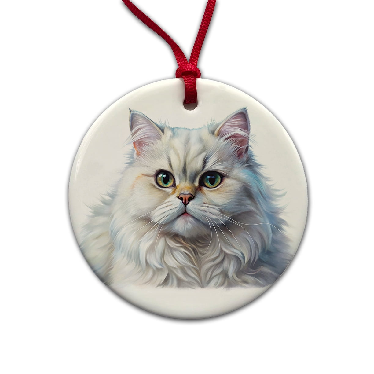 Classic Persian White Cat Illustration Christmas Tree Holiday Round Ceramic Ornament
