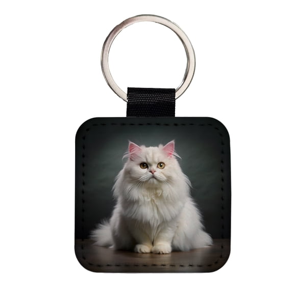 Classic Persian White Cat Photo Faux Leather Square Keychain