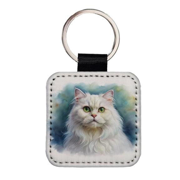 Classic Persian White Cat Watercolor Style Faux Leather Square Keychain