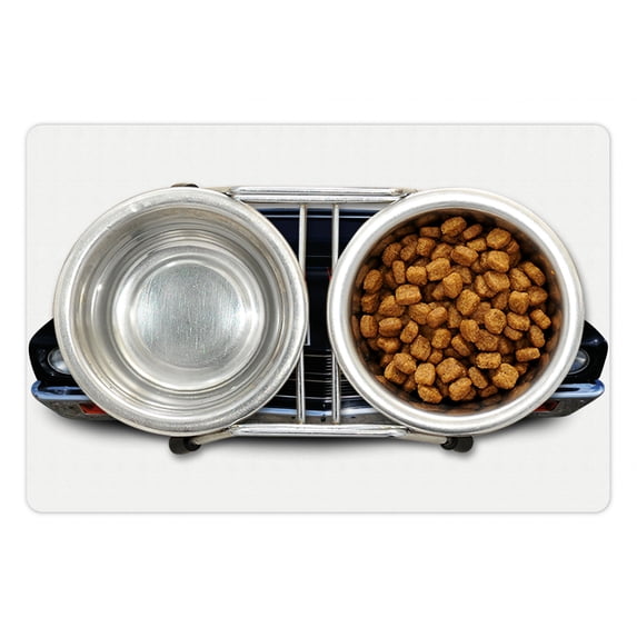 Classic Pet Mat for Food and Water, Vintage Retro Car with Fire Flame Print in Front Image Artwork, Non-Slip Rubber Mat for Dogs and Cats, 18" X 12", by Ambesonne