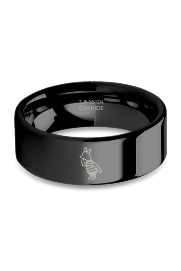 Classic Piglet Winnie-the-Pooh Laser Engraved Black Tungsten Ring, 8mm, Size 6.5