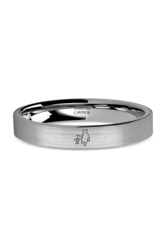 Classic Piglet and Pooh Engraved Brushed Silver Tungsten Ring, 4mm, Size 8.5