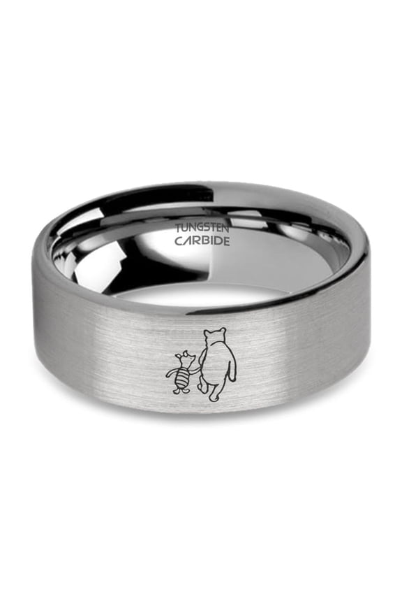 Classic Piglet and Pooh Engraved Brushed Silver Tungsten Ring, 8mm, Size 14.5