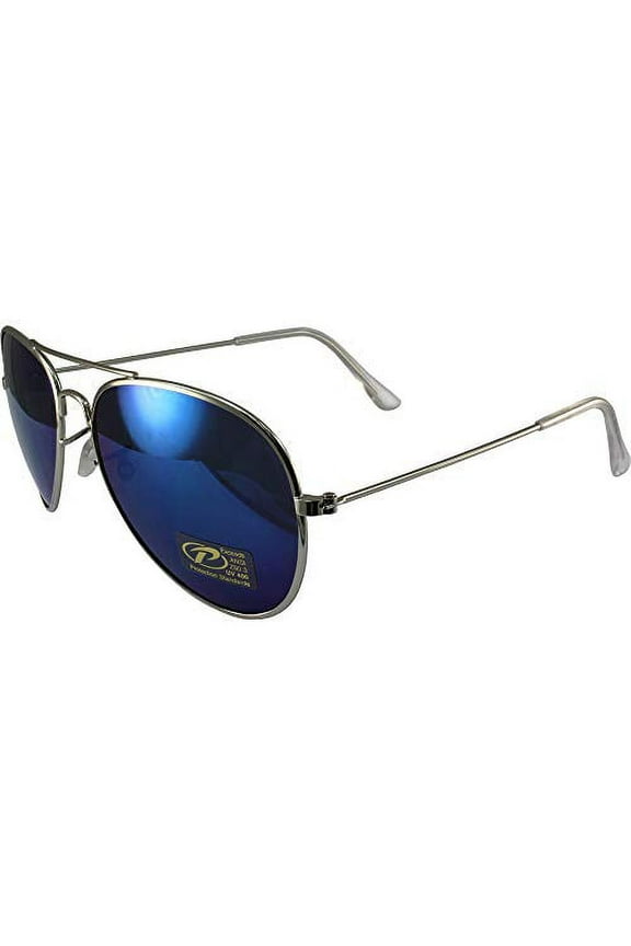 Classic Pilot Aviator Sunglasses Chrome Frames and Blue Mirrored Lenses