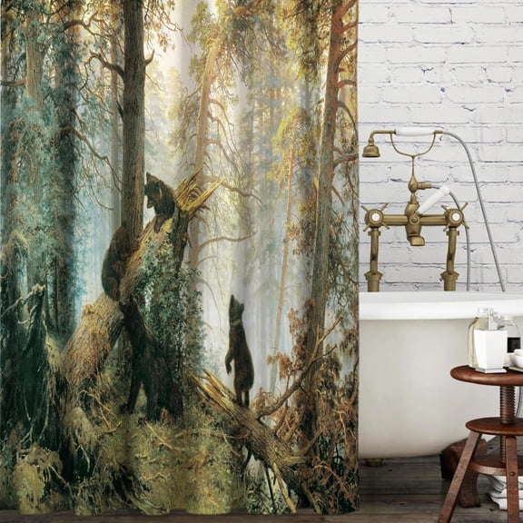 Classic Pine Bear Shower Curtain | Famous Morning Oil Painting Art | 72 x 72 Inch Waterproof Bathroom Set | Durable Polyester with 12 Hooks | Simple Animal Farmhouse Home Decoration