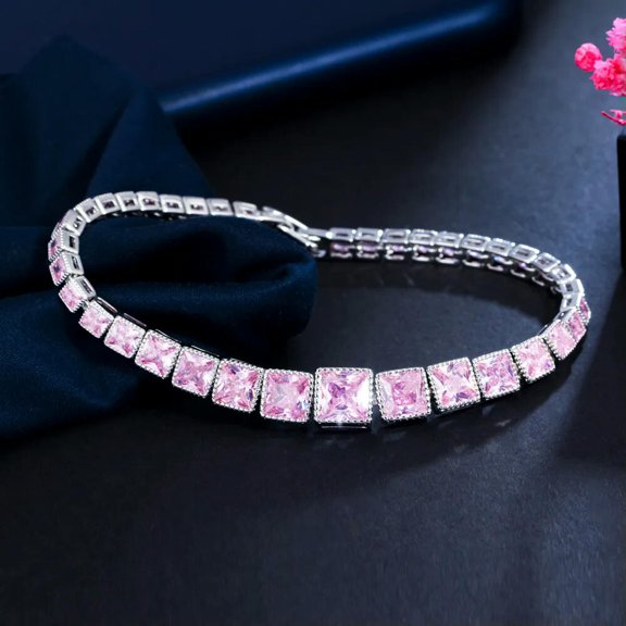 Classic Pink CZ Stone Big Square Chain Link Bracelet Bangle for Women Prom Gift