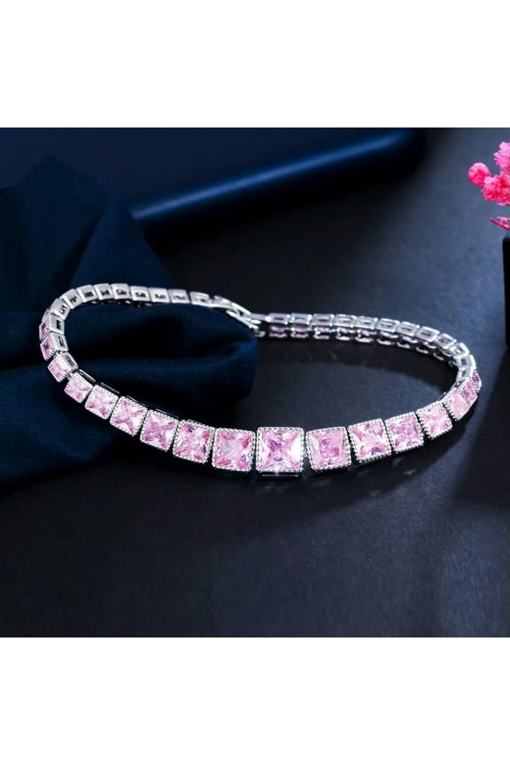 Classic Pink CZ Stone Big Square Chain Link Bracelet Bangle for Women Prom Gift