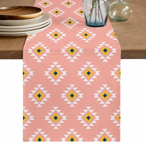 Classic Pink Pattern Table Runner, Abstract Tribal Aztec Western Cotton Linen Kitchen Table Decoration Washable Dining Tabletop Runners for Home Party Decor 13x36 Inches