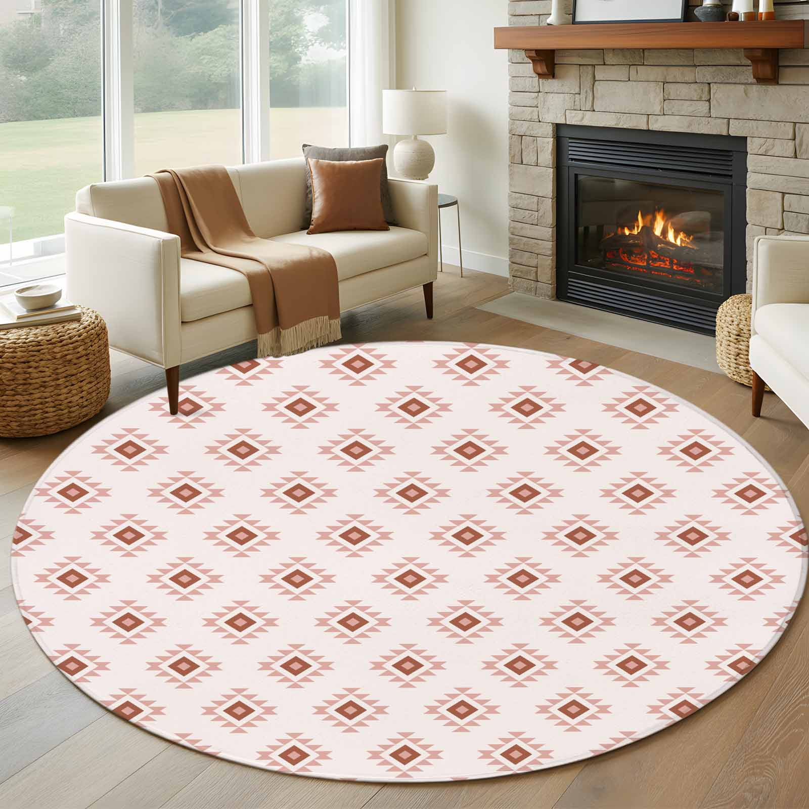 Classic Pink White Pattern Round Living Room Rugs 8 ft, Abstract Tribal ...