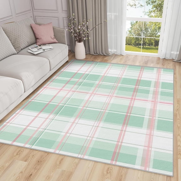 Classic Plaid Area Rugs, Mint Green Gingham Carpet, Washable Non Slip Low Pile Soft Rug for Living Room Bedroom Decor Mat 2x3ft