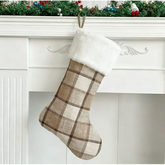 Classic Plaid Christmas Stocking, Big Xmas Socks with Timeless Pattern, Christmas Decor and Gift Storage, Durable Material, for Hanging on Fireplace, Mantel and Christmas Tree During Holidays, 1pcs