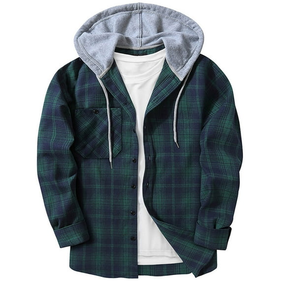 Classic Plaid Jacket Hoodie, Button Up Flannel Shirt Jackets for Men with Hood, Long Sleeve Hooded Plaid Shackets (Large, Green)