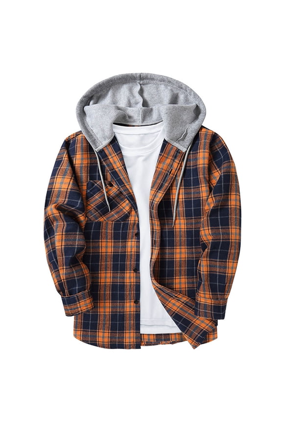 Father's Day Gifts,Classic Plaid Jacket Hoodie, Button Up Flannel Shirt Jackets for Men with Hood, Long Sleeve Hooded Plaid Shackets (Medium, Orange)