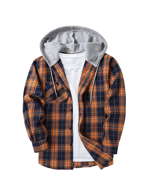 Classic Plaid Jacket Hoodie, Button Up Flannel Shirt Jackets for Men with Hood, Long Sleeve Hooded Plaid Shackets (X-Large, Orange)