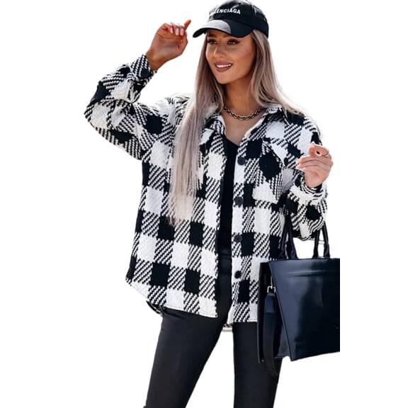 Classic Plaid Pattern: Button Front Shacket for Winter Fashion - [ZhiHiMeRi] | (US 8-10)M,Black