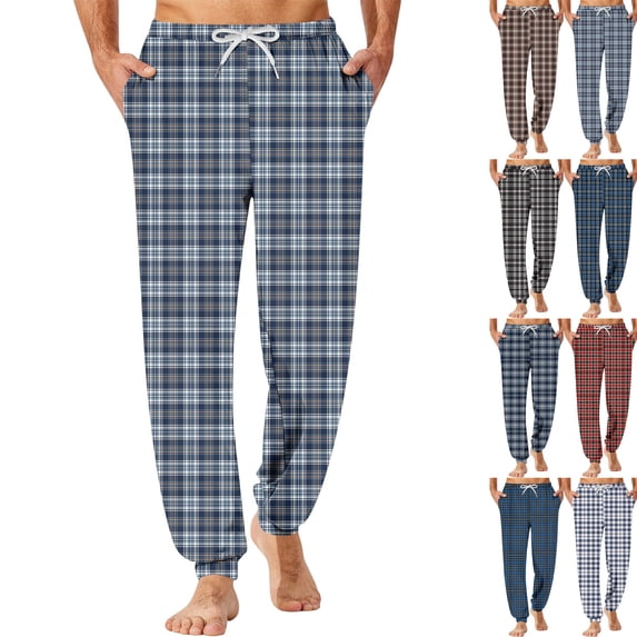 Classic Plaid Pattern Sleep Pants for Men Flexible Drawstring Waist Pajama Pants Jogger Cuff Comfy Daily Indoor Lounge Pants ,3XL,Navy
