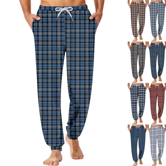 Classic Plaid Pattern Sleep Pants for Men Flexible Drawstring Waist Pajama Pants Jogger Cuff Comfy Daily Indoor Lounge Pants ,M,Royal Blue