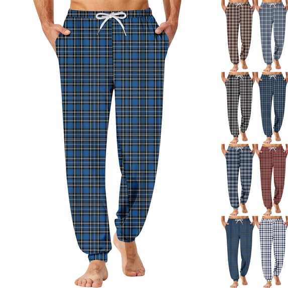 Classic Plaid Pattern Sleep Pants for Men Flexible Drawstring Waist Pajama Pants Jogger Cuff Comfy Daily Indoor Lounge Pants ,XL,Dark Blue