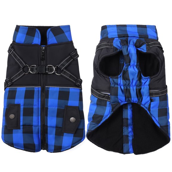 Classic Plaid Warm Dog Coat with Harness, Reflective Stripes Winter Coat for Cold Weather, Windproof Dog Winter Clothes Blue XS