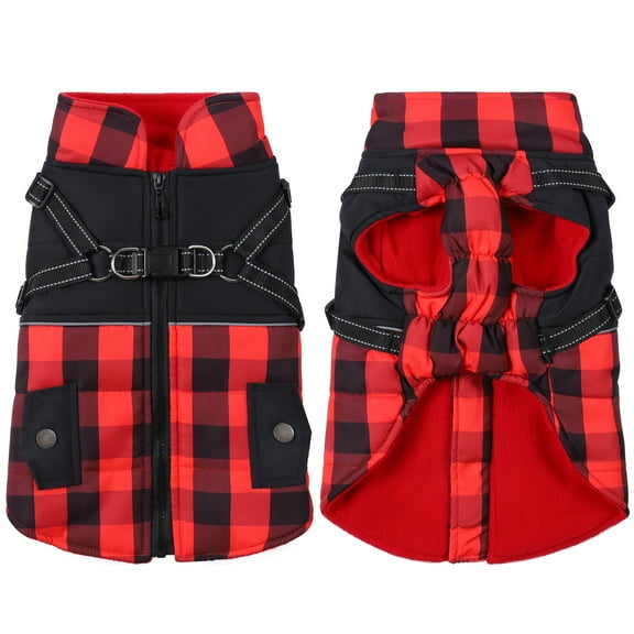 Classic Plaid Warm Dog Coat with Harness, Reflective Stripes Winter Coat for Cold Weather, Windproof Dog Winter Clothes Red XS