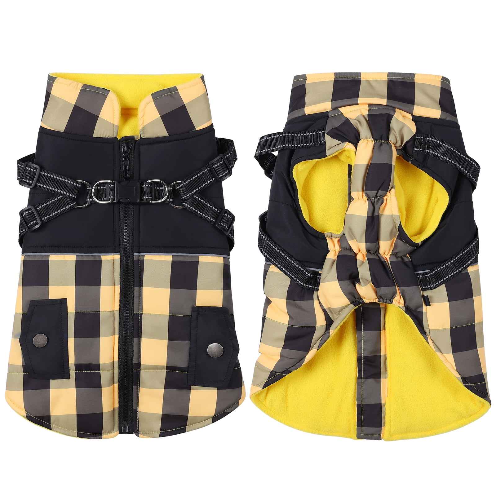 Classic Plaid Warm Dog Coat with Harness, Reflective Stripes Winter Coat for Cold Weather, Windproof Dog Winter Clothes Yellow S