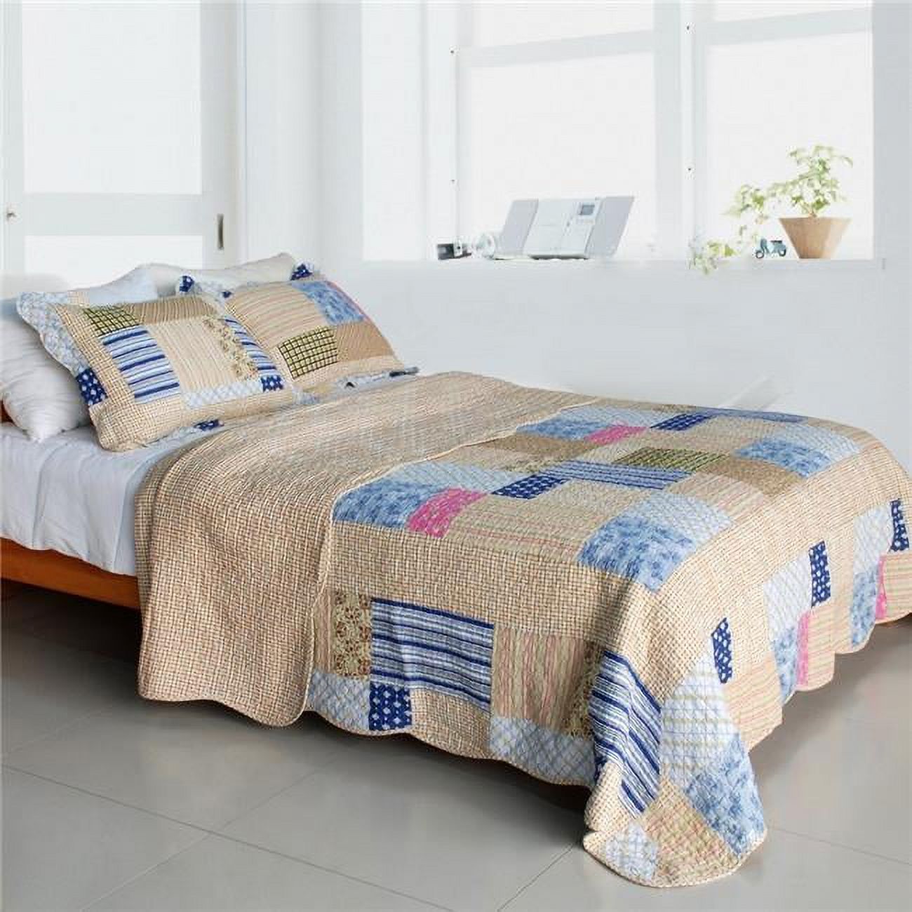 Classic Plaids Cotton 3 Pieces VermicelliQuilted Patchwork Quilt Set
