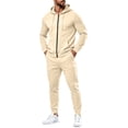 thumbnail image 1 of Classic Plain Track Suits Mens Full Zip Long Sleeve Hoodie Slim Fit Elastic Jogger Pants Streetwear Outfit Beige L, 1 of 3