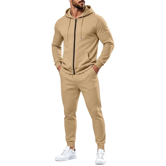 Classic Plain Track Suits Mens Full Zip Long Sleeve Hoodie Slim Fit Elastic Jogger Pants Streetwear Outfit Brown L