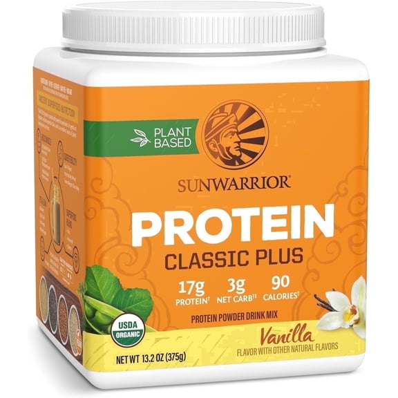 Sunwarrior Classic Plus Vegan Protein Powder, Vanilla, Organic Protein with BCAA, 375g