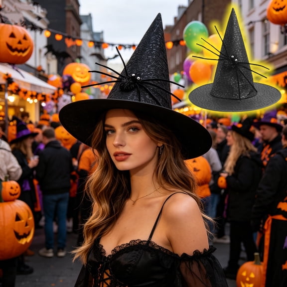 Classic Pointed Wizard Hat For Adults And Kids With Black Bug Ornament Non Woven Fabric Halloween Party Dress Up Accessory 1 Pack