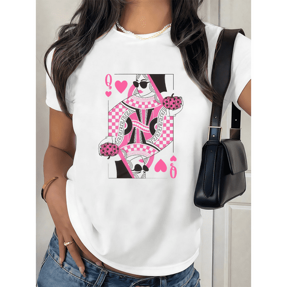 Classic Poker Womens Graphic Tee Shirt Vintage Card Design Tops Cotton Short Sleeve Round Neck White S-5XL