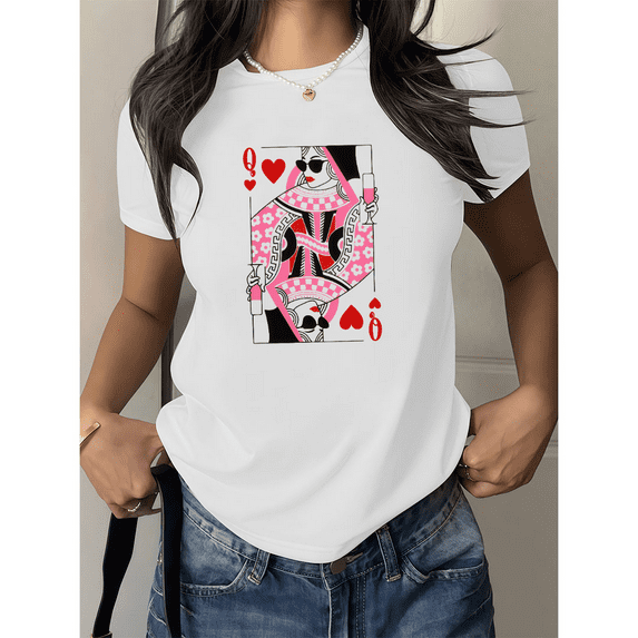 Classic Poker Womens Graphic Tee Shirt Vintage Card Design Tops Fashion Short Sleeve Round Neck White S-5XL